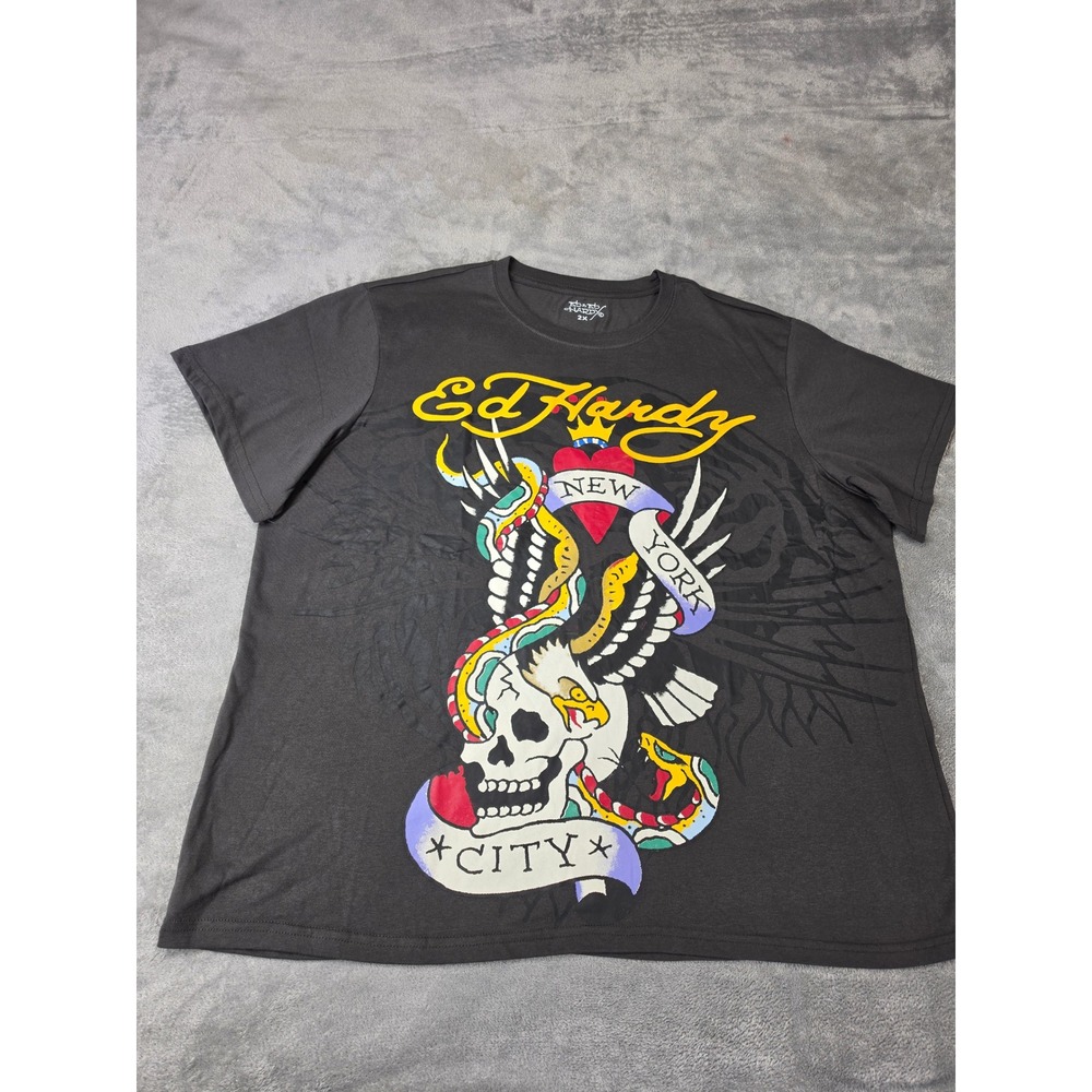 Ed Hardy Mens T-Shirt 2X Gray Tattoo Skull Snake Eagle New York City Graphic Tee